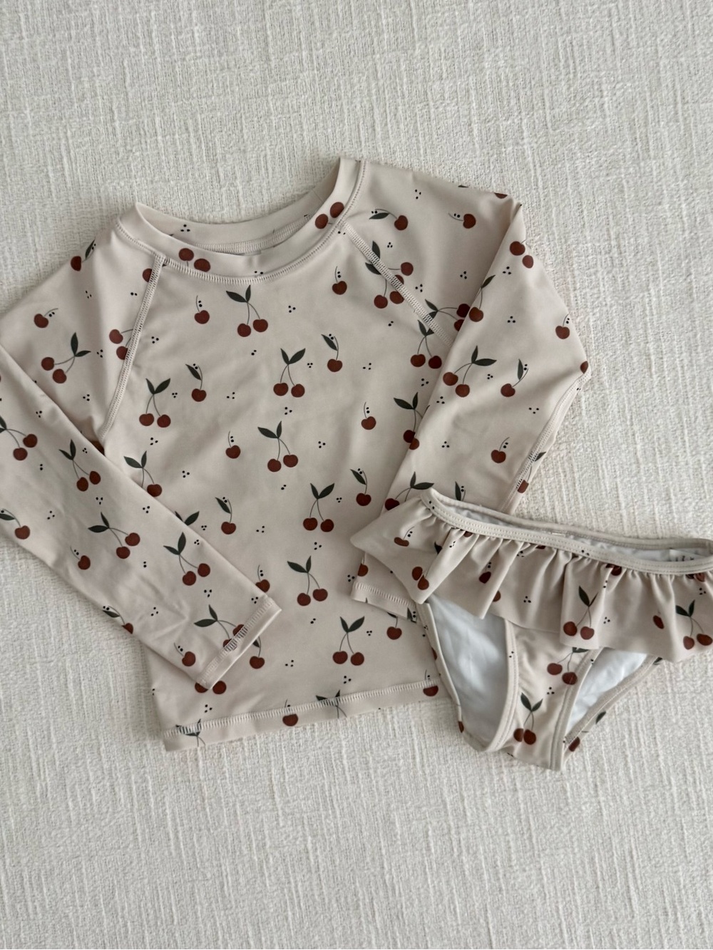 Kids Cherry Print Long Sleeve Rashguard Swimsuit Set - Cream